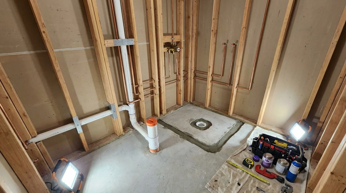 Bathroom rough-in plumbing during remodel by Johns Plumbing LLC in New Tazewell