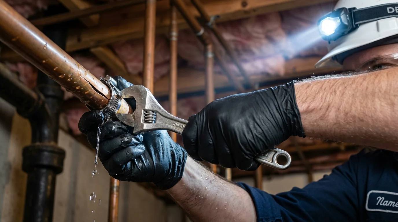 Emergency pipe clamp repair being performed by a Johns Plumbing LLC plumber in New Tazewell