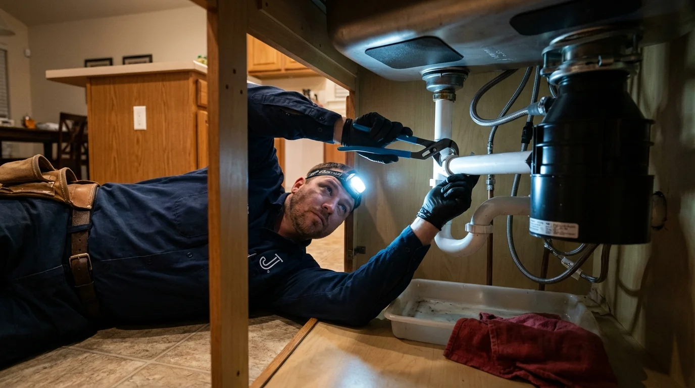 P-trap and supply line connections under a kitchen sink showing a common leak point in New Tazewell, TN